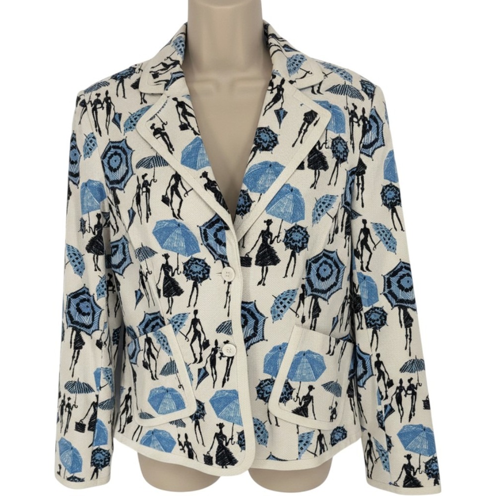 Grace Elements Womens Blue White Umbrella Novelty Print Blazer Jacket Size 8